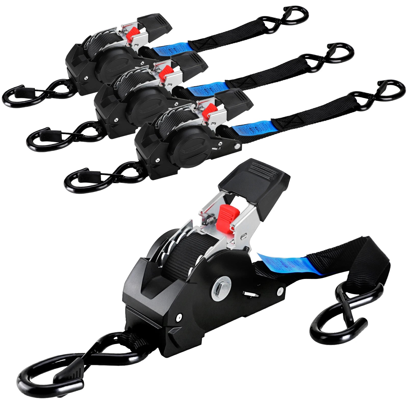 1" x 10' Heavy-Duty Retractable Ratchet Straps – 1209 lb Break Strength Auto Retracting Tie Downs for Trucks, Trailers, Boats & Cargo