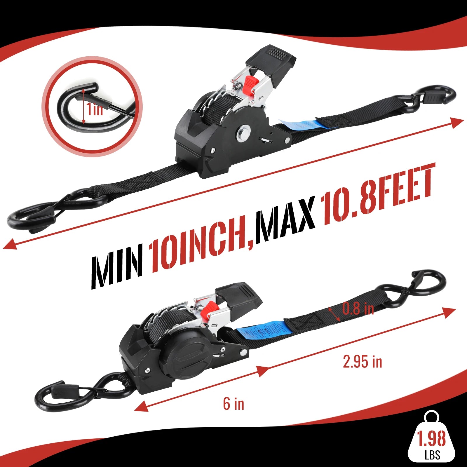 1" x 10' Heavy-Duty Retractable Ratchet Straps – 1209 lb Break Strength Auto Retracting Tie Downs for Trucks, Trailers, Boats & Cargo