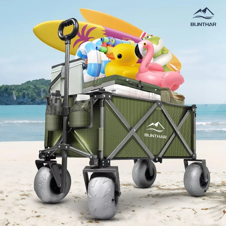 Heavy-Duty Beach Wagon with Big Pneumatic Wheels – Collapsible Folding Cart with All-Terrain Tires & Drink Holders