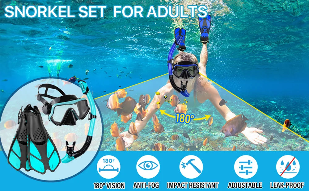 Adult Snorkeling Gear Set – Panoramic Anti-Fog Mask, Dry Top Snorkel & Adjustable Swim Fins