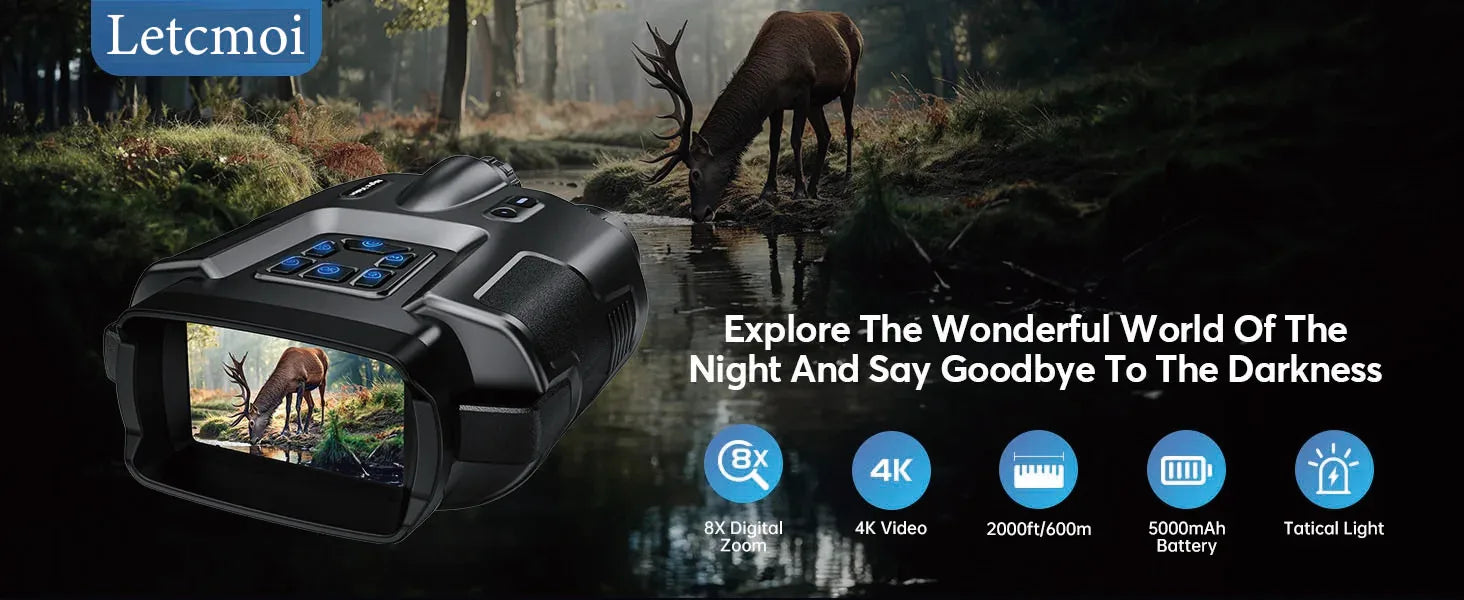 4K Night Vision Binoculars with 3” Screen – 8X Digital Zoom, Infrared Night Goggles with Tactical Light & 5000mAh Rechargeable Battery