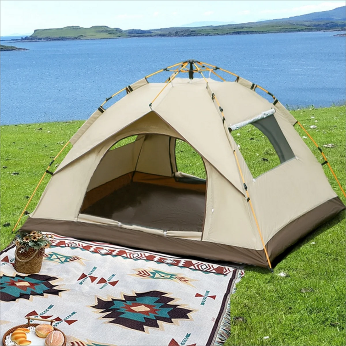 2-Person Outdoor Camping Tent with Sunshade – Waterproof Self-Driving Travel Shelter, Dual Doors & Windows for Ventilation