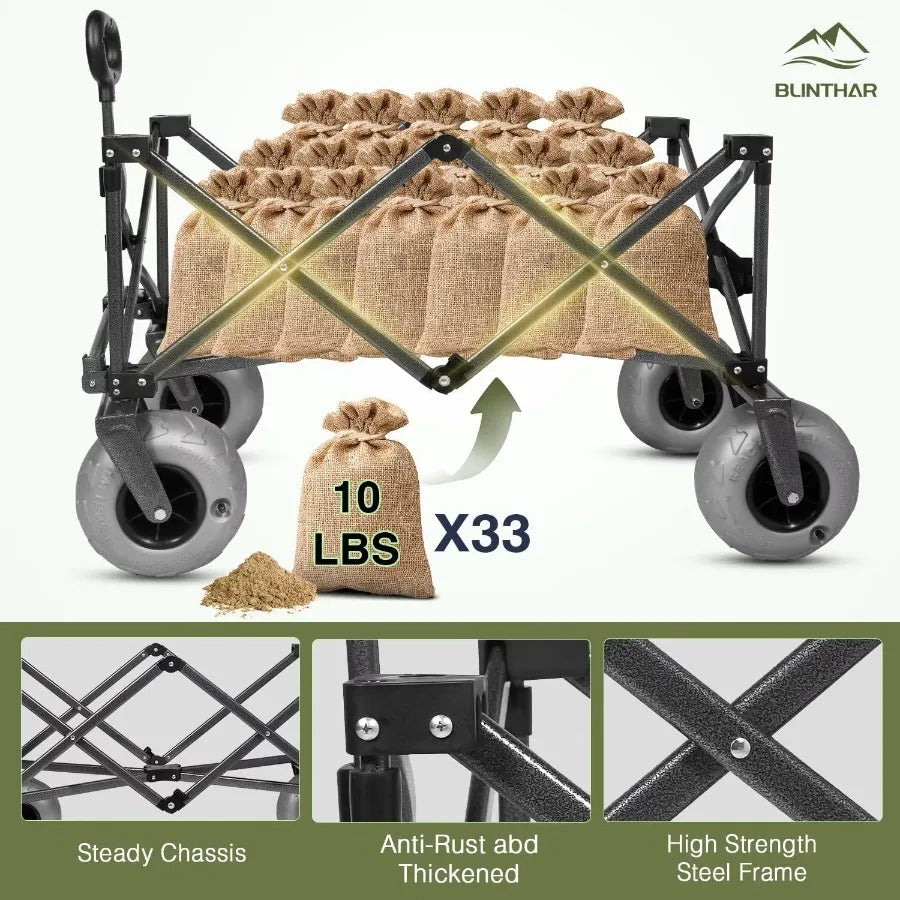 Heavy-Duty Beach Wagon with Big Pneumatic Wheels – Collapsible Folding Cart with All-Terrain Tires & Drink Holders