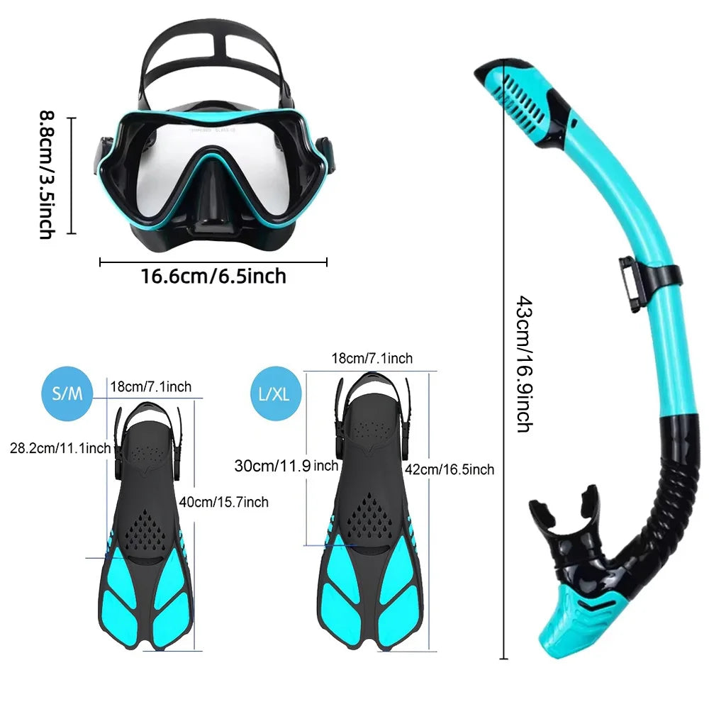 Adult Snorkeling Gear Set – Panoramic Anti-Fog Mask, Dry Top Snorkel & Adjustable Swim Fins