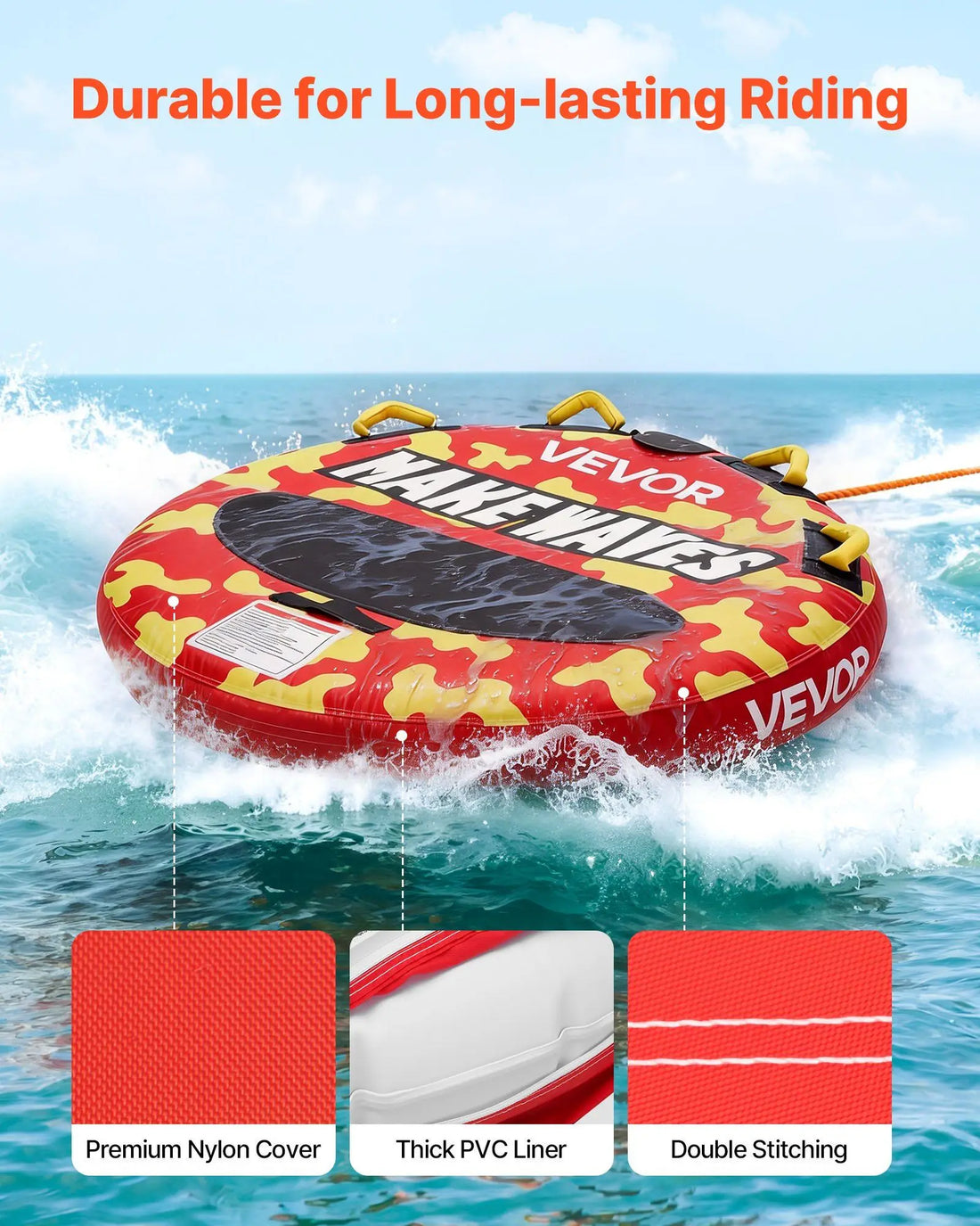 2-Person Towable Tube for Boating – Heavy-Duty Inflatable Water Sport Tube with 340LB Capacity, Secure Handles & Fast Tow System