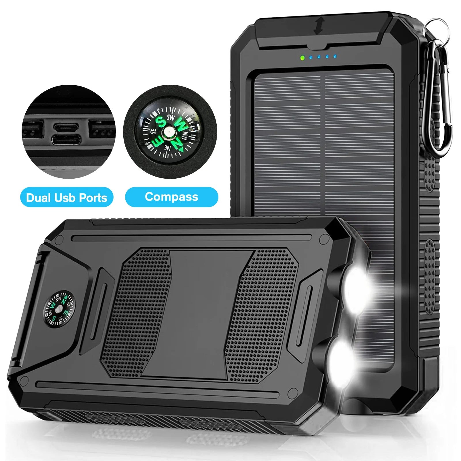 30000mAh Solar Power Bank – Fast Charging Portable Charger with Dual USB & LED Flashlight for iPhone, Samsung & Tablets