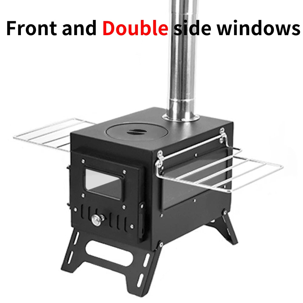 Foldable Stainless Steel Wood-Burning Camping Stove – Portable Tent Heater with Fire Viewing Window for Outdoor Cooking & Heating