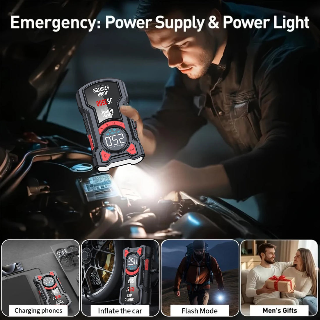 5-in-1 Portable Jump Starter & Air Compressor – 3000A Peak Battery Booster with 150 PSI Digital Tire Inflator