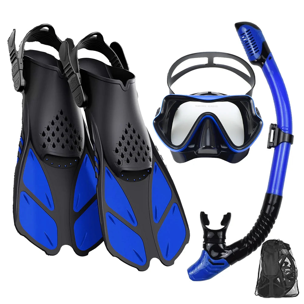 Adult Snorkeling Gear Set – Panoramic Anti-Fog Mask, Dry Top Snorkel & Adjustable Swim Fins