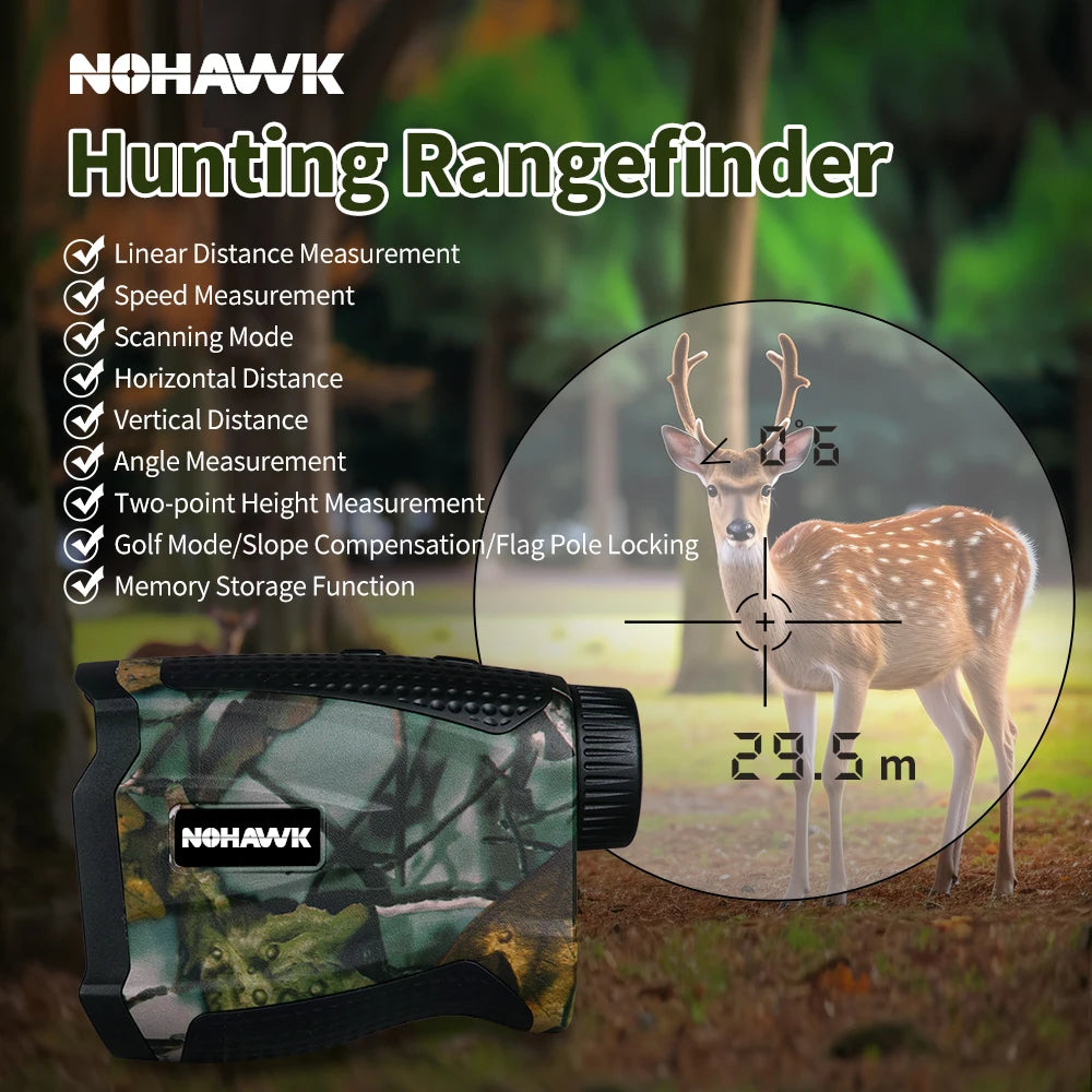 NOHAWK Multifunctional Hunting Rangefinder – 6X Magnification with Slope Compensation, Scan & Speed Modes (Camo Design)