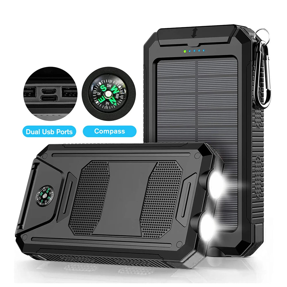 30000mAh Solar Power Bank – Fast Charging Portable Charger with Dual USB & LED Flashlight for iPhone, Samsung & Tablets