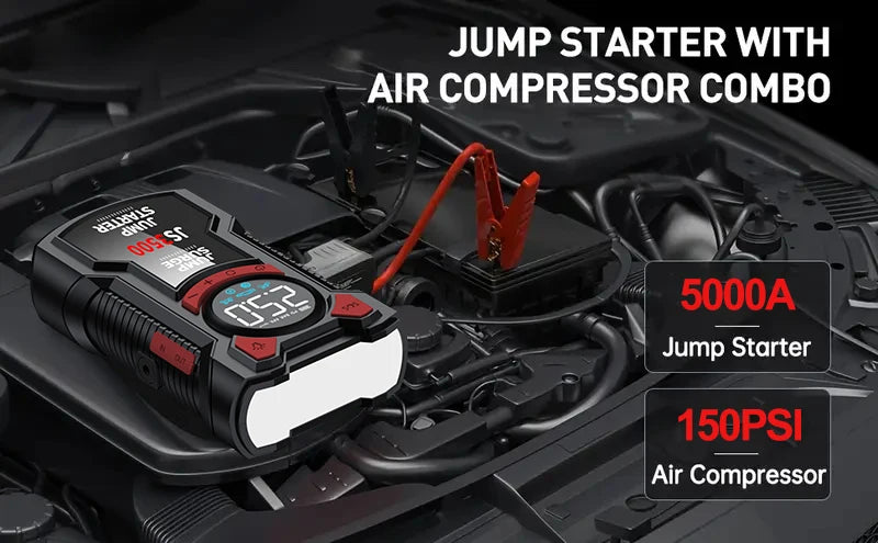 5-in-1 Portable Jump Starter & Air Compressor – 3000A Peak Battery Booster with 150 PSI Digital Tire Inflator