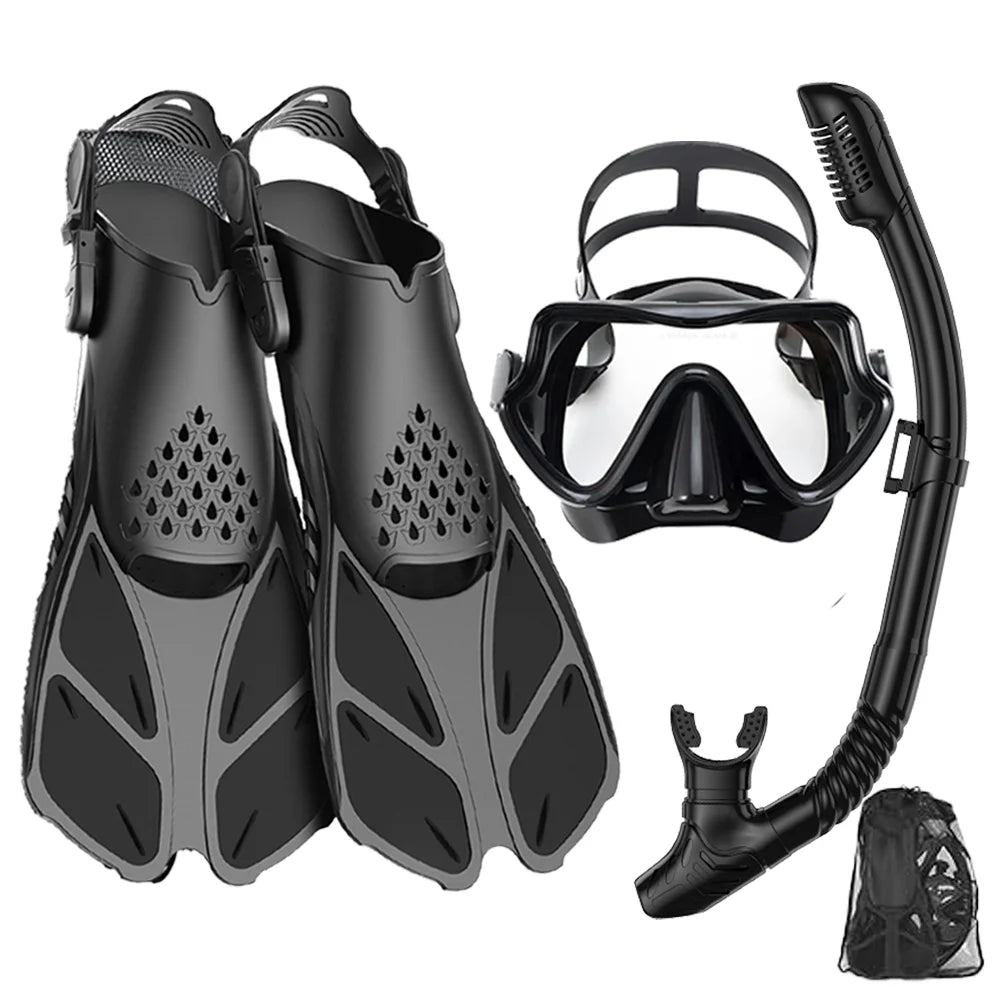 Adult Snorkeling Gear Set – Panoramic Anti-Fog Mask, Dry Top Snorkel & Adjustable Swim Fins