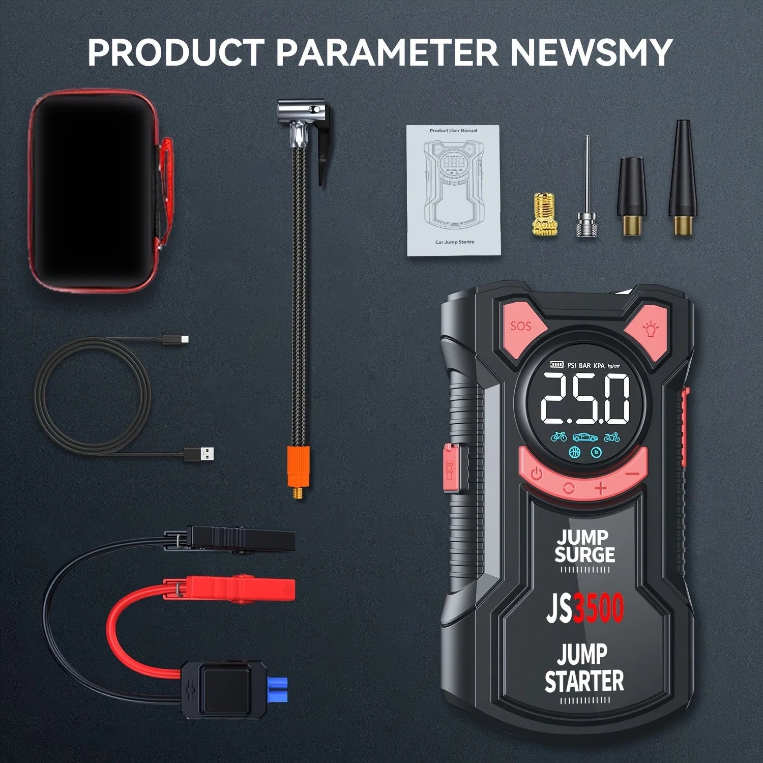 5-in-1 Portable Jump Starter & Air Compressor – 3000A Peak Battery Booster with 150 PSI Digital Tire Inflator