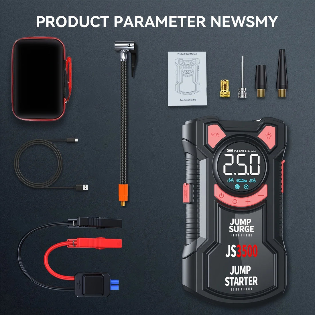5-in-1 Portable Jump Starter & Air Compressor – 3000A Peak Battery Booster with 150 PSI Digital Tire Inflator