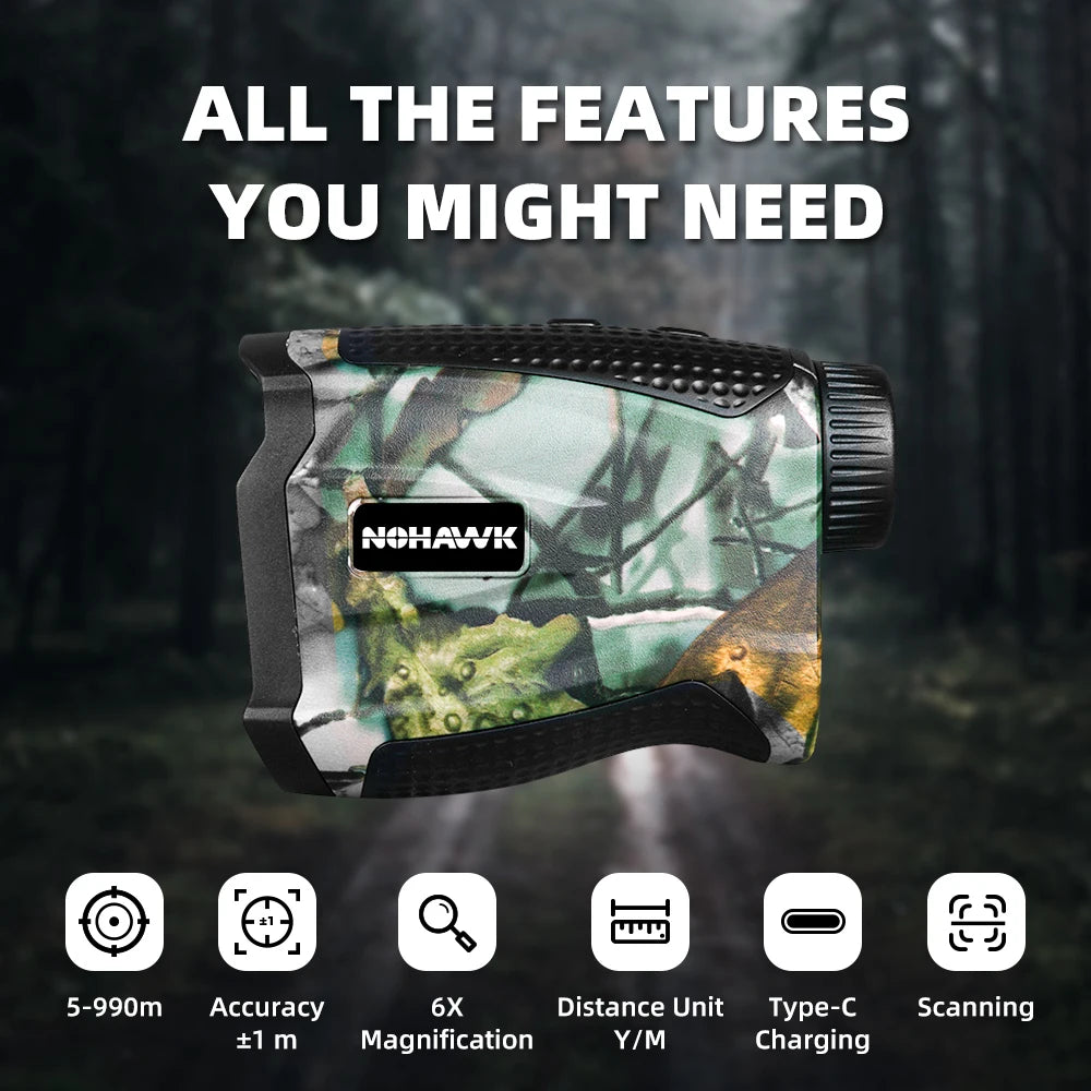 NOHAWK Multifunctional Hunting Rangefinder – 6X Magnification with Slope Compensation, Scan & Speed Modes (Camo Design)