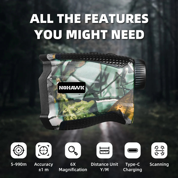 NOHAWK Multifunctional Hunting Rangefinder – 6X Magnification with Slope Compensation, Scan & Speed Modes (Camo Design)