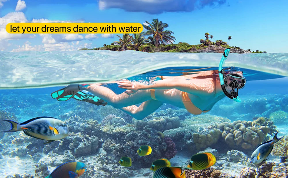 Adult Snorkeling Gear Set – Panoramic Anti-Fog Mask, Dry Top Snorkel & Adjustable Swim Fins