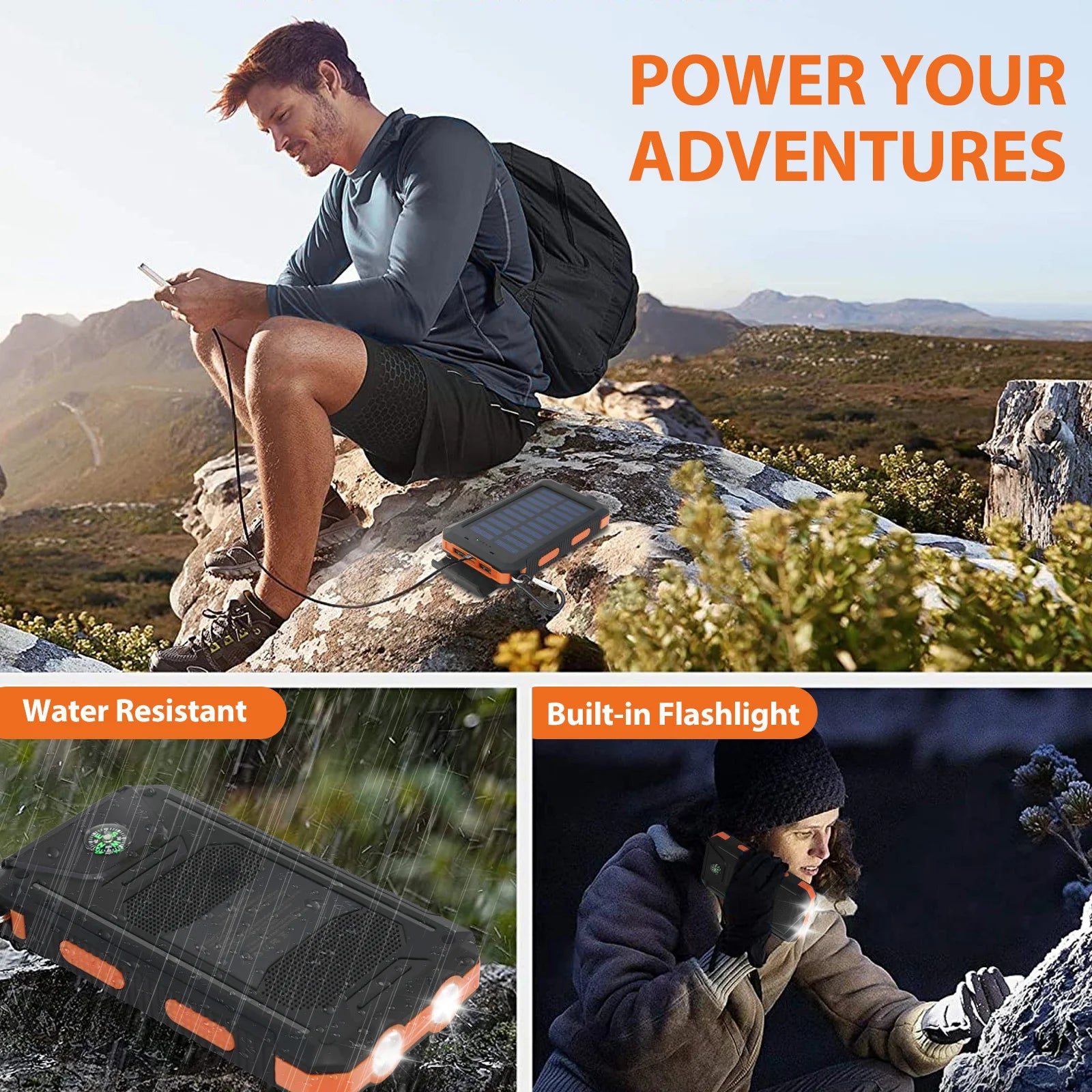 20000mAh Solar Power Bank – Waterproof Portable Solar Charger with Dual USB & LED Flashlight for Outdoor Use