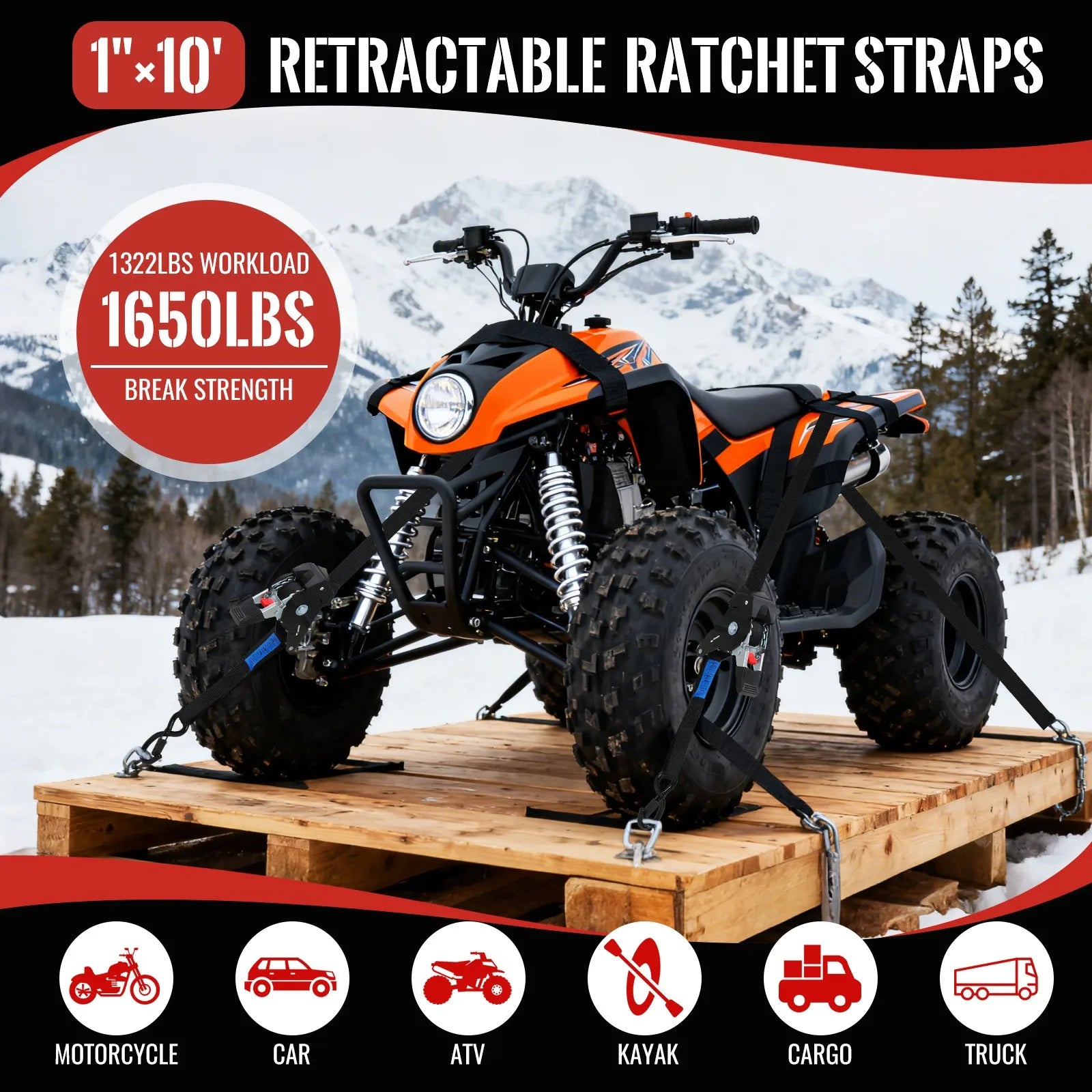 1" x 10' Heavy-Duty Retractable Ratchet Straps – 1209 lb Break Strength Auto Retracting Tie Downs for Trucks, Trailers, Boats & Cargo