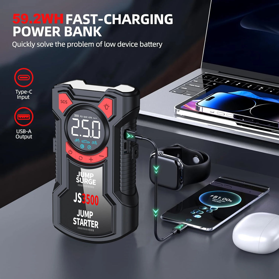 5-in-1 Portable Jump Starter & Air Compressor – 3000A Peak Battery Booster with 150 PSI Digital Tire Inflator