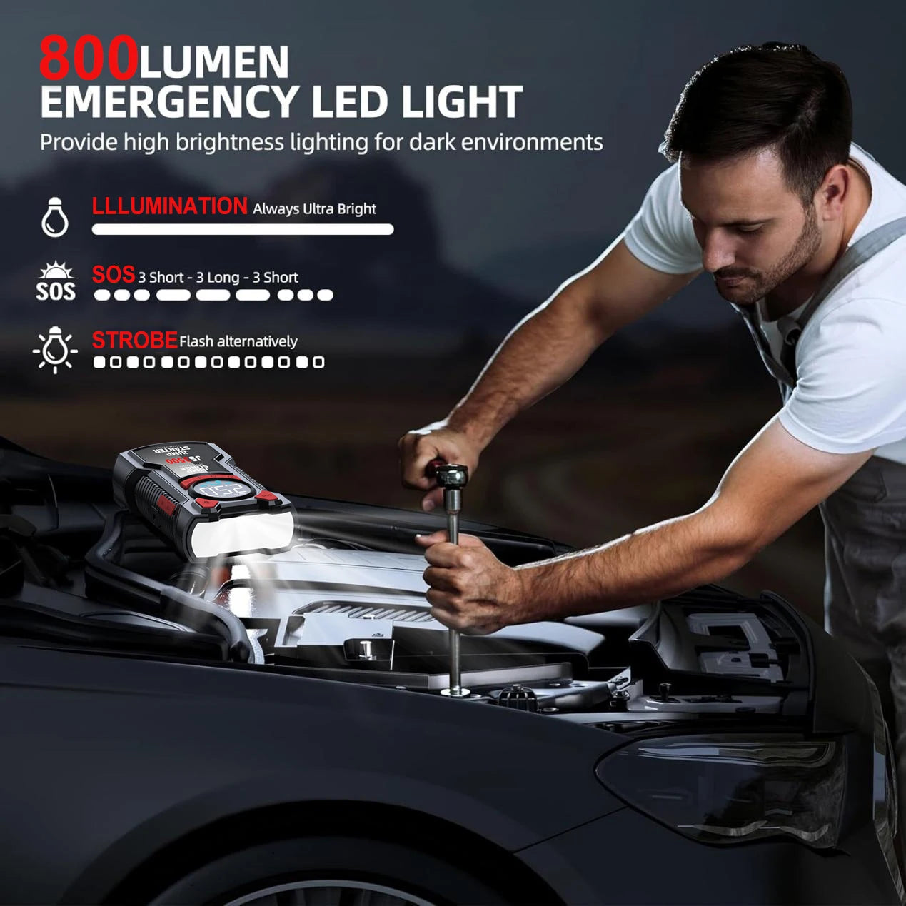 5-in-1 Portable Jump Starter & Air Compressor – 3000A Peak Battery Booster with 150 PSI Digital Tire Inflator