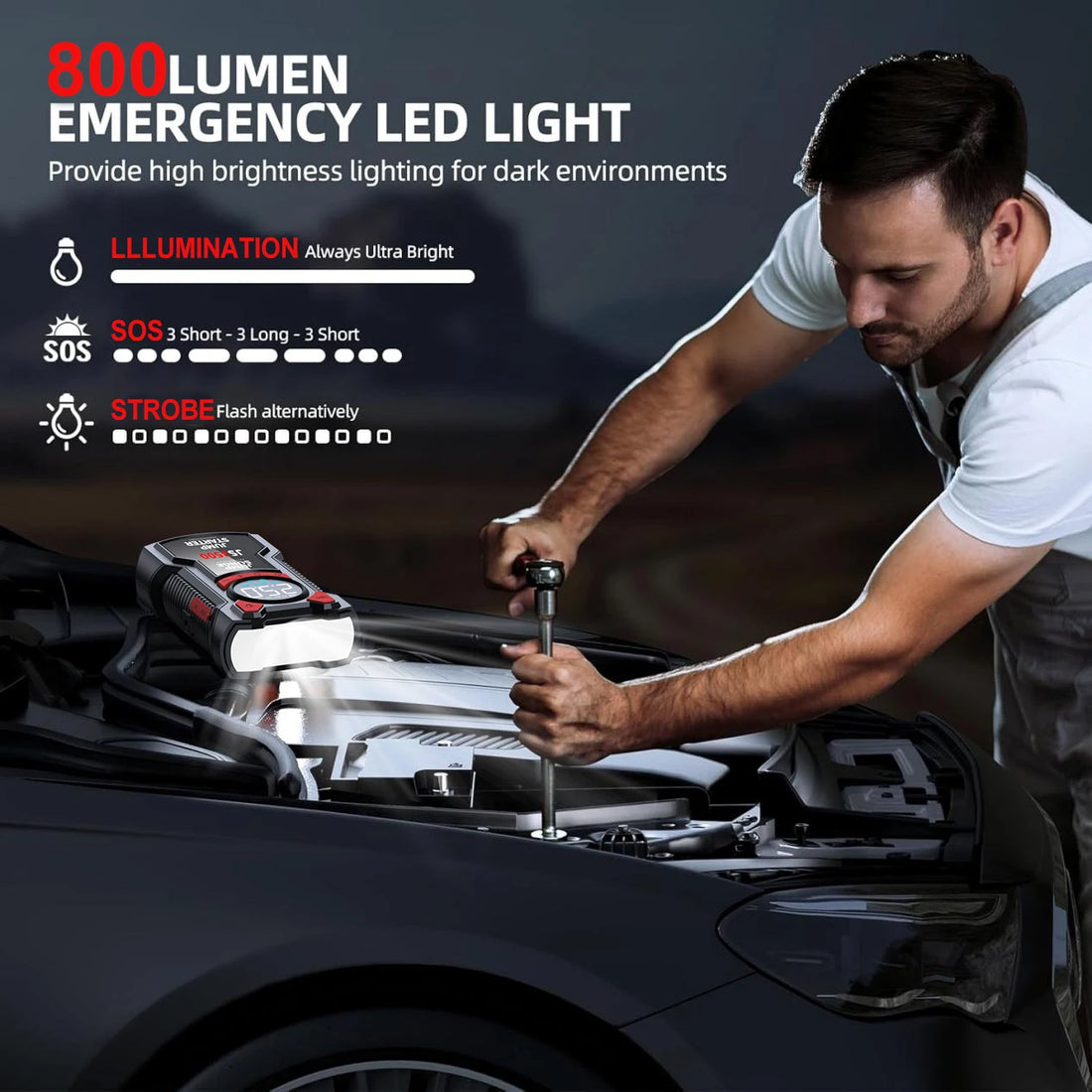 5-in-1 Portable Jump Starter & Air Compressor – 3000A Peak Battery Booster with 150 PSI Digital Tire Inflator