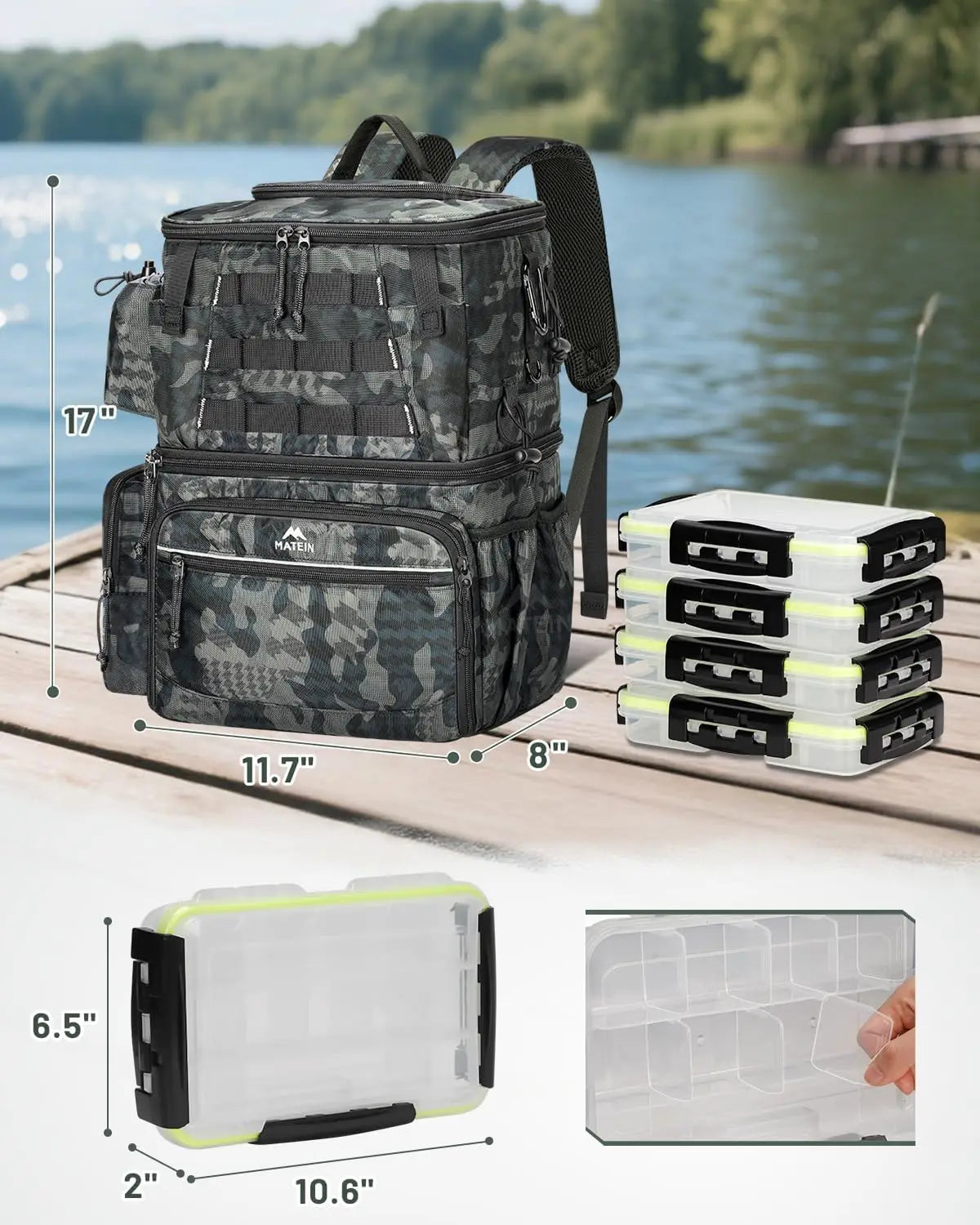Fishing Backpack with 4 Tackle Boxes – Waterproof Gear Bag with Rod Holder, Cooler Compartment & Safety Compass