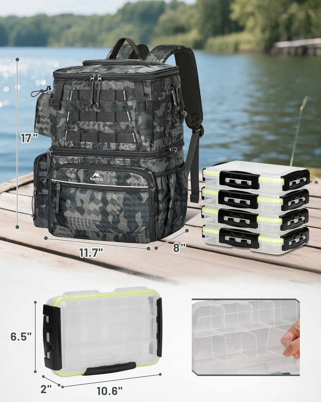 Fishing Backpack with 4 Tackle Boxes – Waterproof Gear Bag with Rod Holder, Cooler Compartment & Safety Compass