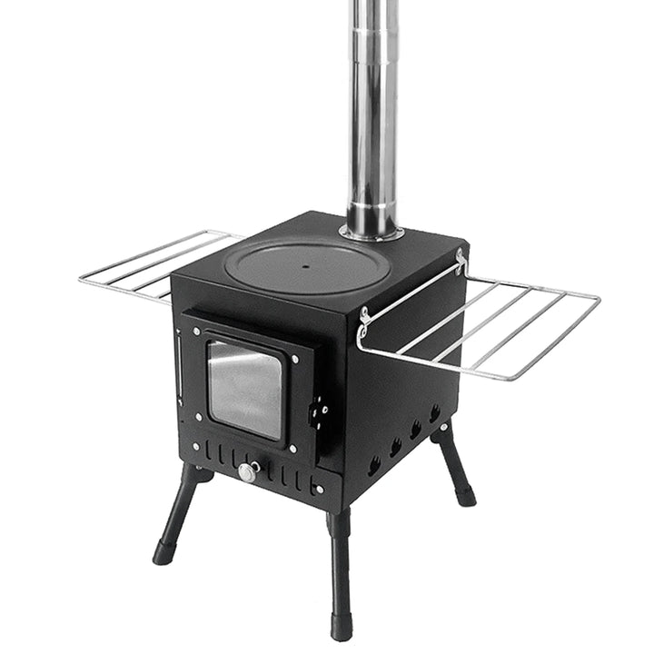 Foldable Stainless Steel Wood-Burning Camping Stove – Portable Tent Heater with Fire Viewing Window for Outdoor Cooking & Heating