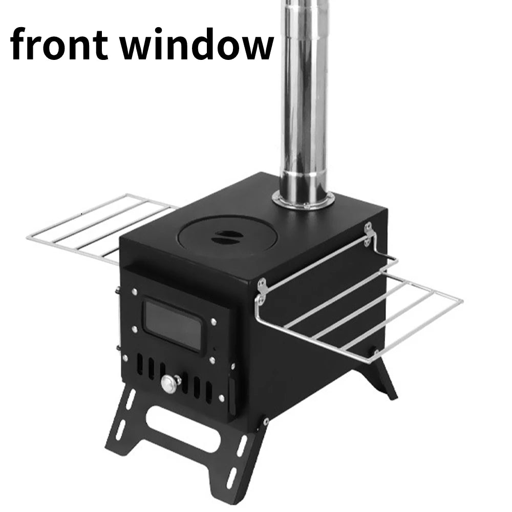 Foldable Stainless Steel Wood-Burning Camping Stove – Portable Tent Heater with Fire Viewing Window for Outdoor Cooking & Heating
