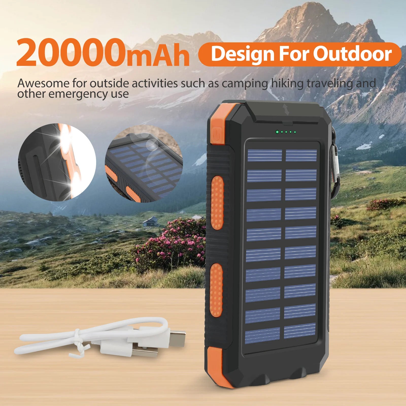20000mAh Solar Power Bank – Waterproof Portable Solar Charger with Dual USB & LED Flashlight for Outdoor Use