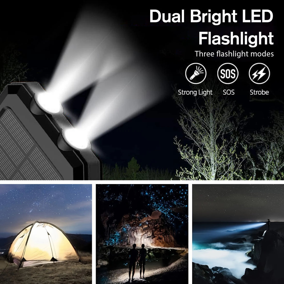 30000mAh Solar Power Bank – Fast Charging Portable Charger with Dual USB & LED Flashlight for iPhone, Samsung & Tablets